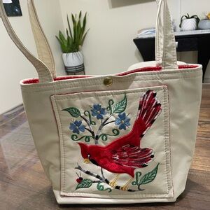 Vintage  leather tote bag featuring cardinal embroidery